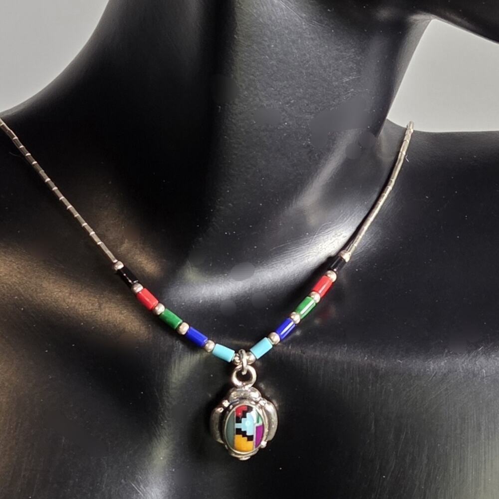 Navajo Handcrafted Oval Pendant 925 Sterling Silver Multicolor Inlay 16" Chain
